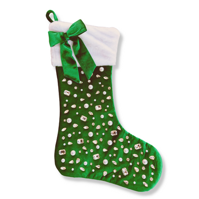 Kelly Green Velvet Christmas Stocking with Crystals and Bow