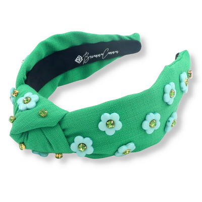 Adult Size Green Twill Headband with Blue Flowers