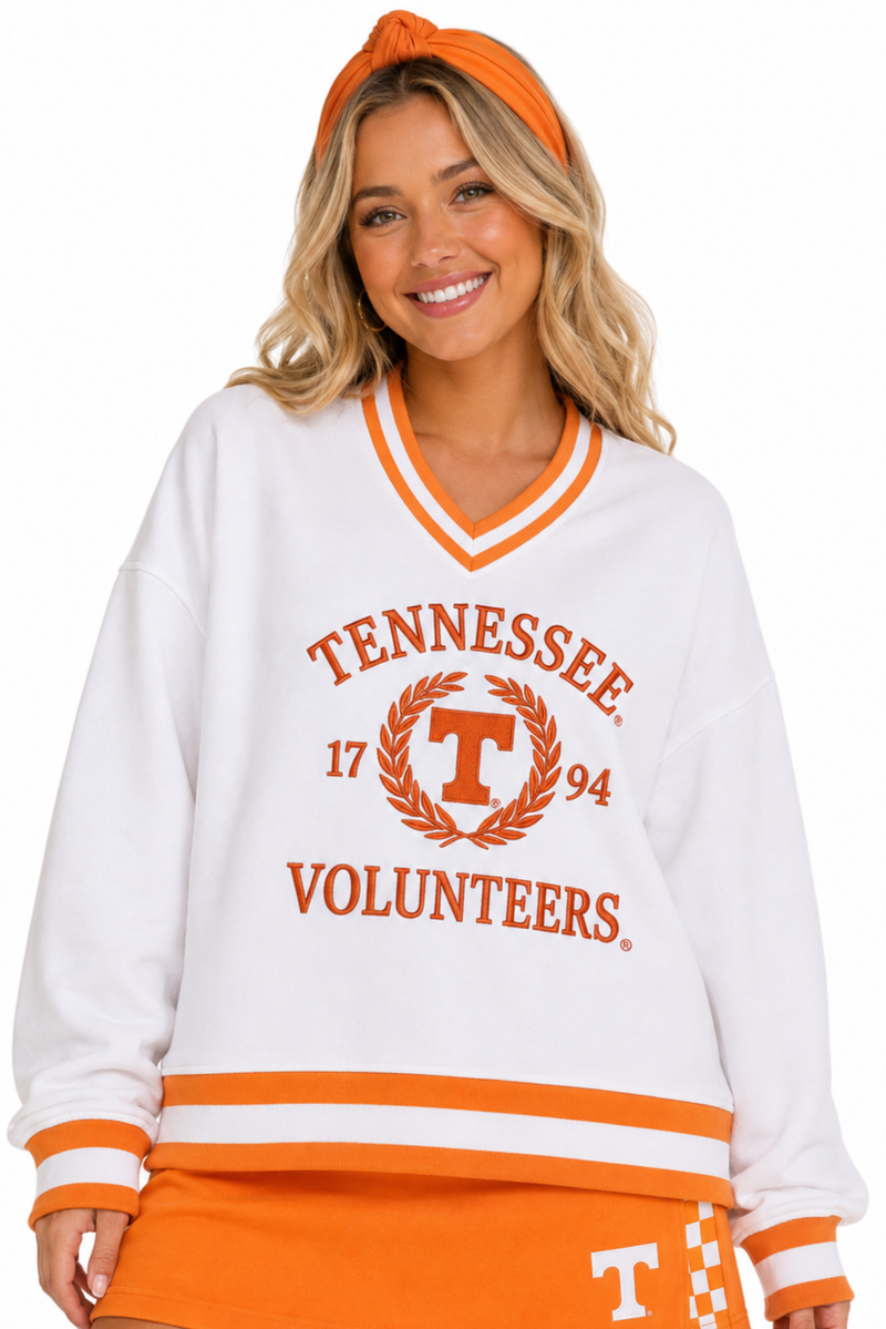 Tennessee Heritage V-Neck Pullover: heritage-inspired V-neck pullover with Tennessee lettering and graphics on the front