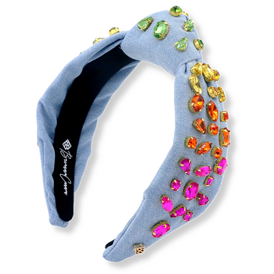 Adult Size Denim Headband with Rainbow Gradient Hand-Sewn Crystals