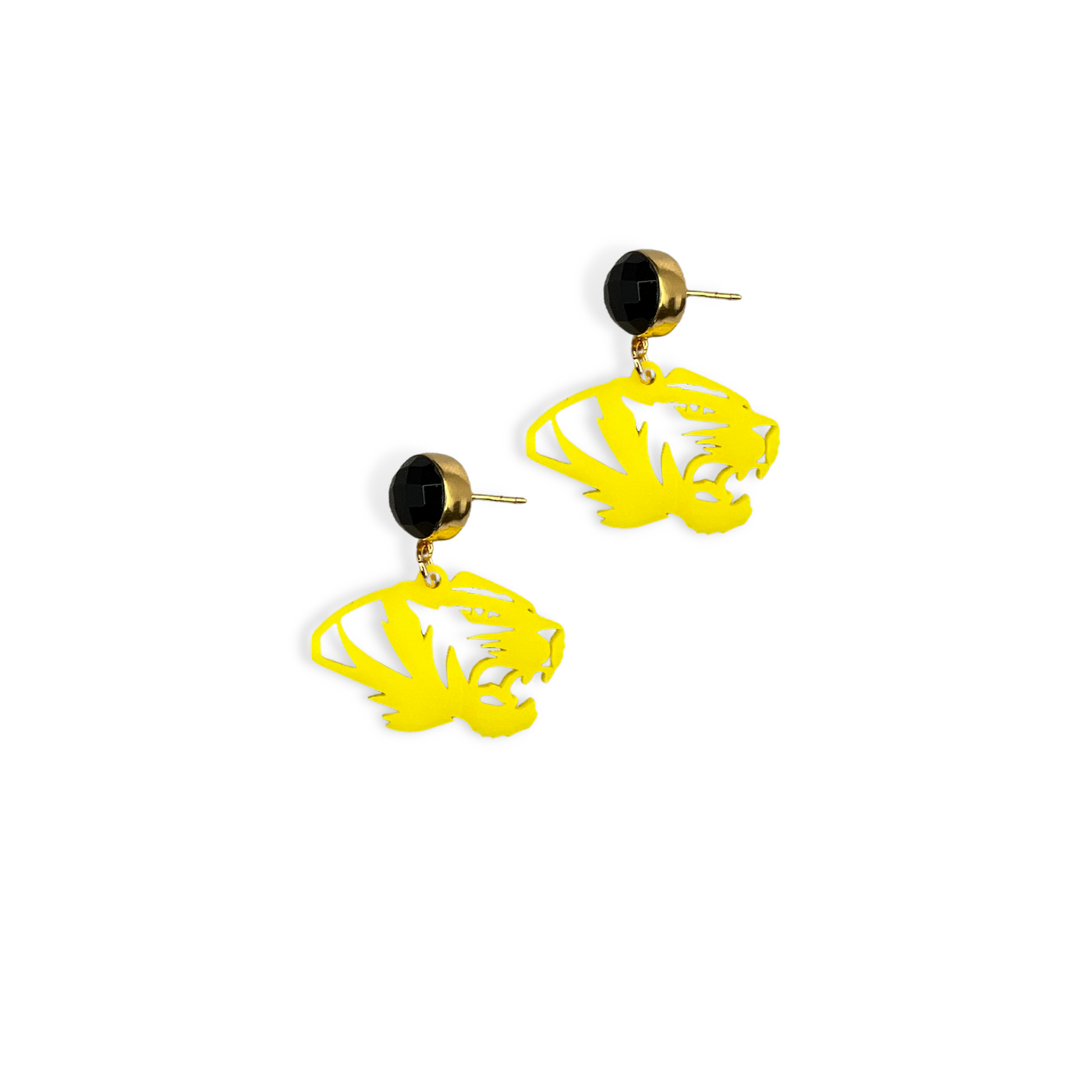 Mini Mizzou Yellow Acrylic Tiger Earrings with Black Onyx Gemstones