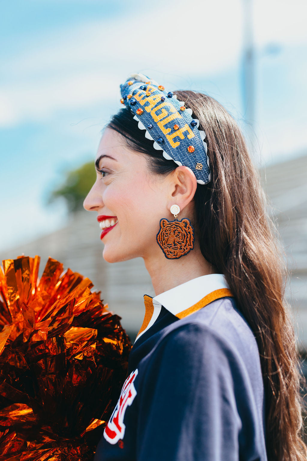 Orange Glitter & Navy Tiger Face Earring