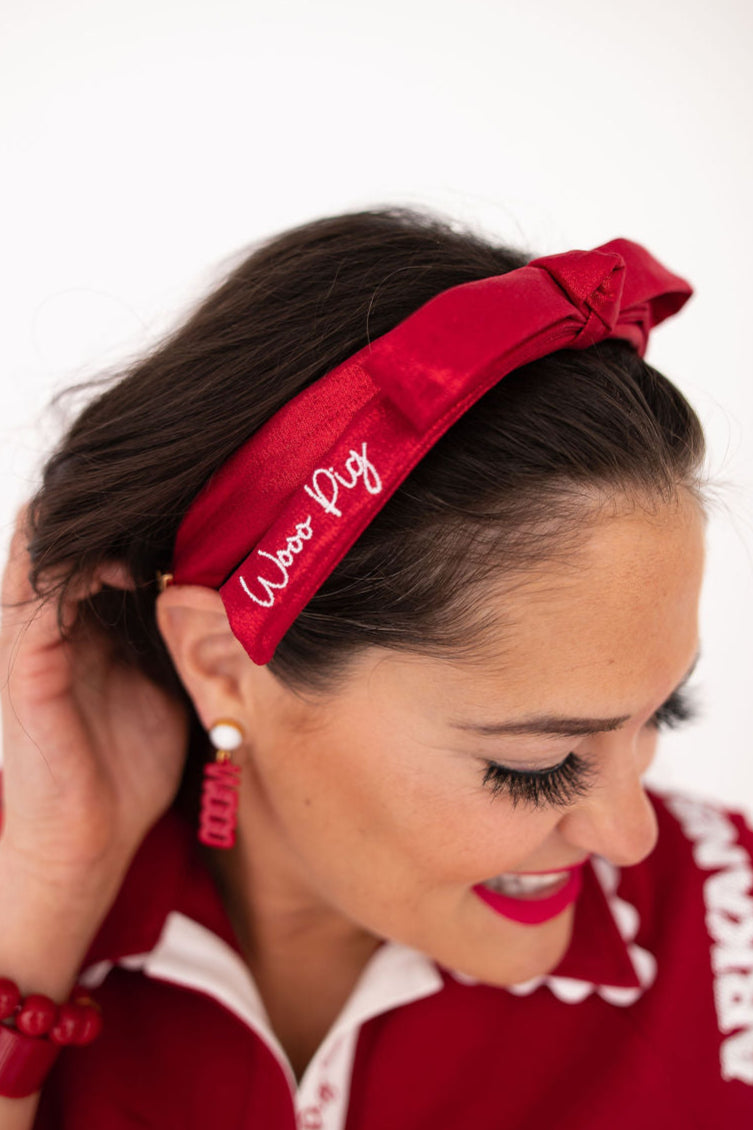 Arkansas Cardinal Red Thin Embroidered Ribbon Bow Headband