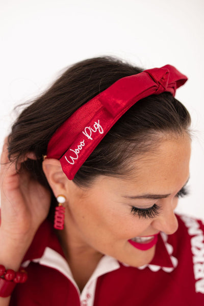 Arkansas Cardinal Red Thin Embroidered Ribbon Bow Headband