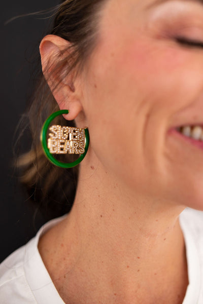 Baylor SIC'EM BEARS Green Pavé Hoop Earrings
