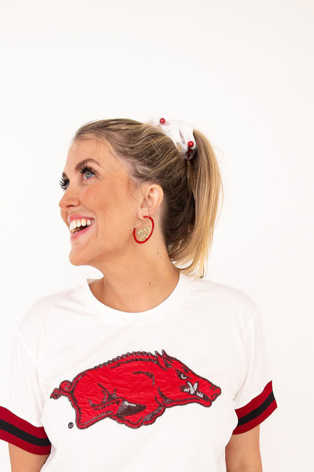 Arkansas WOOO PIG Cardinal Red Pavé Hoop Earrings