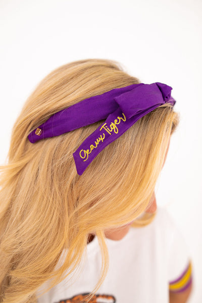 LSU Purple Thin Embroidered Ribbon Bow Headband