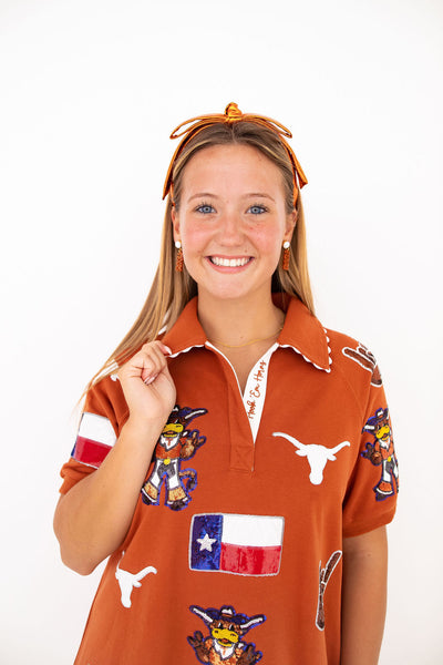 Texas Burnt Orange Thin Embroidered Ribbon Bow Headband