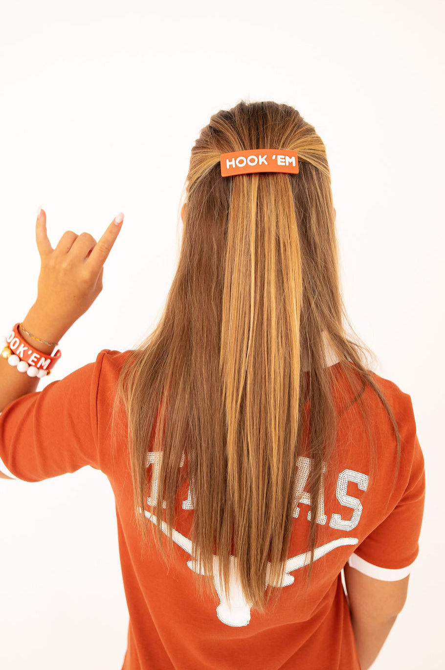 Texas Burnt Orange HOOK'EM HORNS Rectangle Barrette Clip