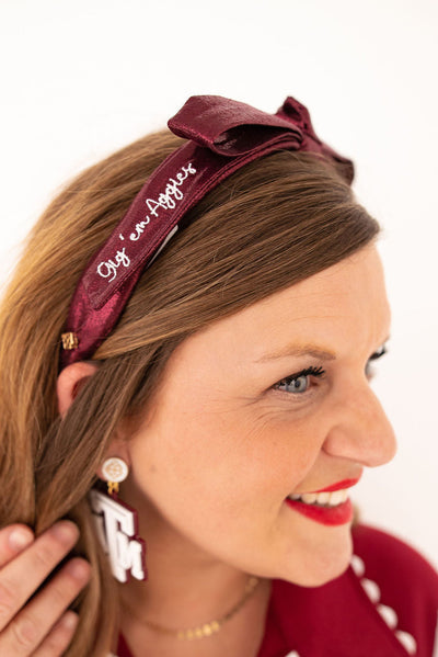Texas A&M Maroon Thin Embroidered Ribbon Bow Headband