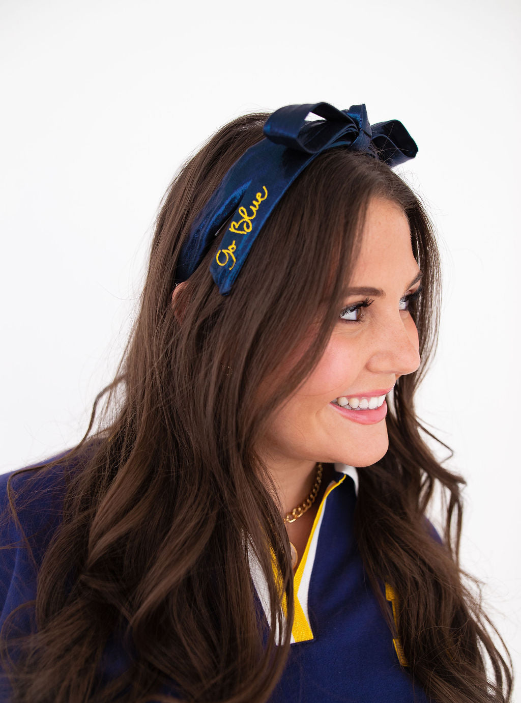 Michigan Navy Thin Embroidered Ribbon Bow Headband