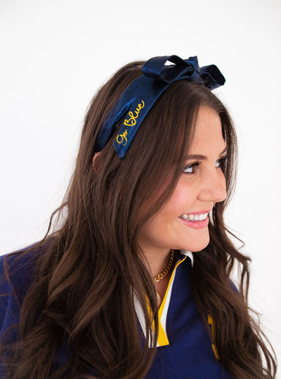 Michigan Navy Thin Embroidered Ribbon Bow Headband