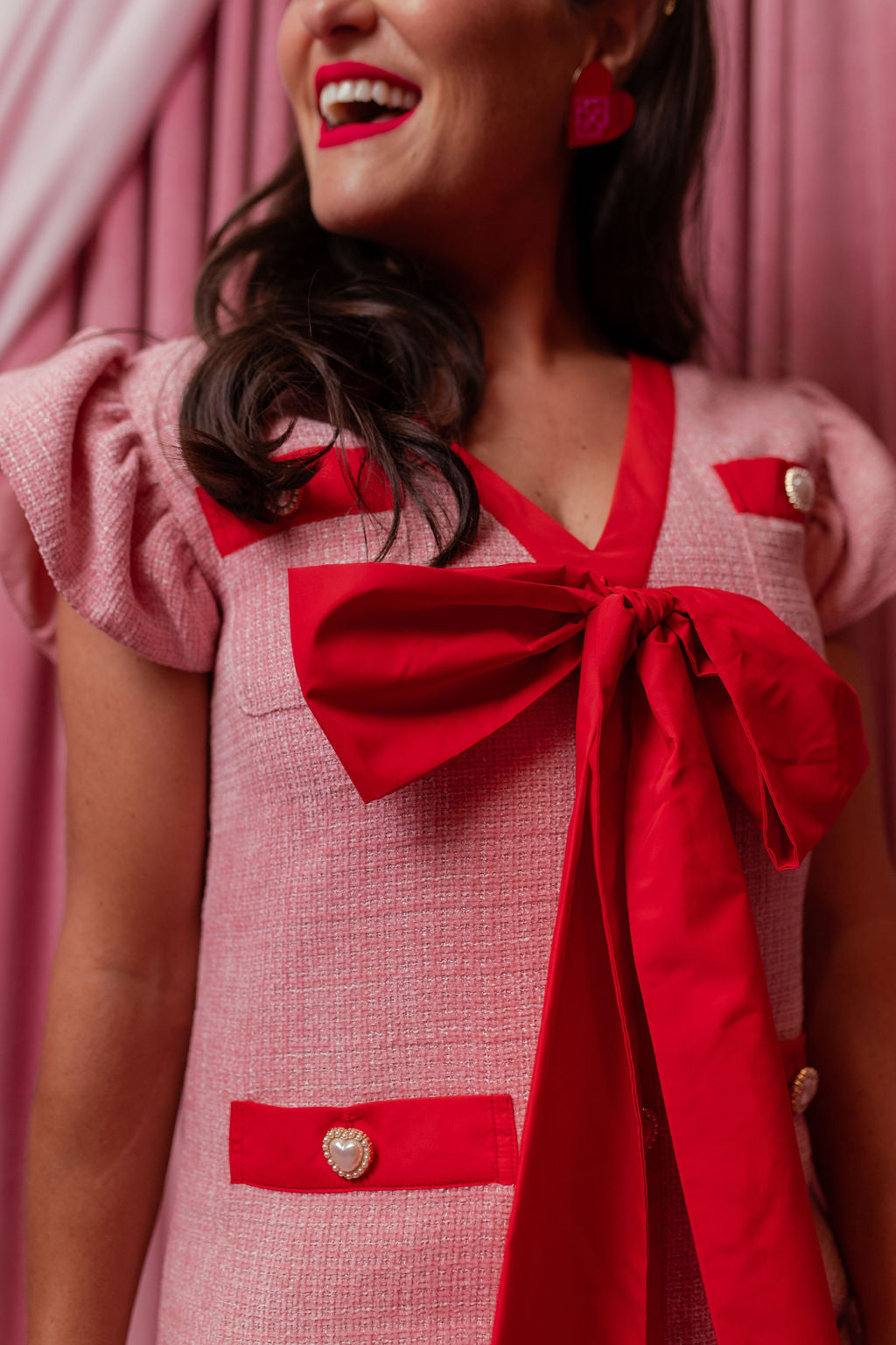 Pink Tweed Dress with Red Bow PRE-ORDER (Est. Ship 1/9)