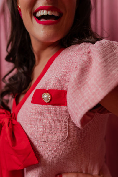 Pink Tweed Dress with Red Bow PRE-ORDER (Est. Ship 1/9)