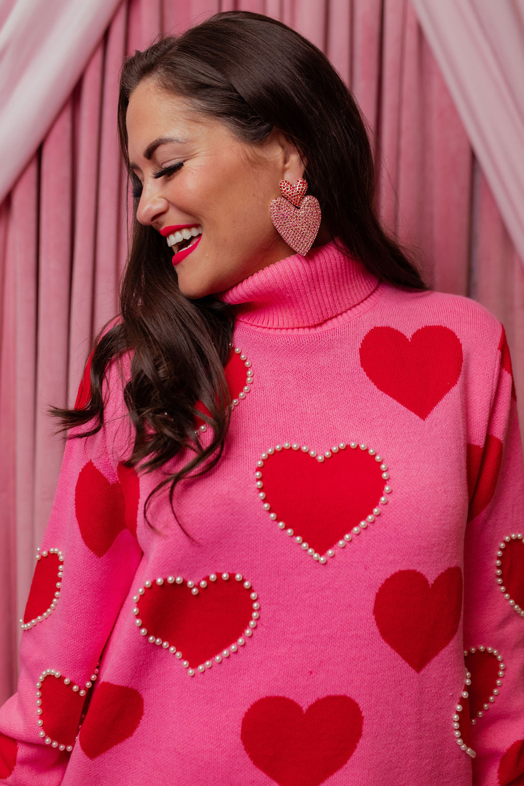 Pink Sweater Tunic with Red Hearts and Pearls