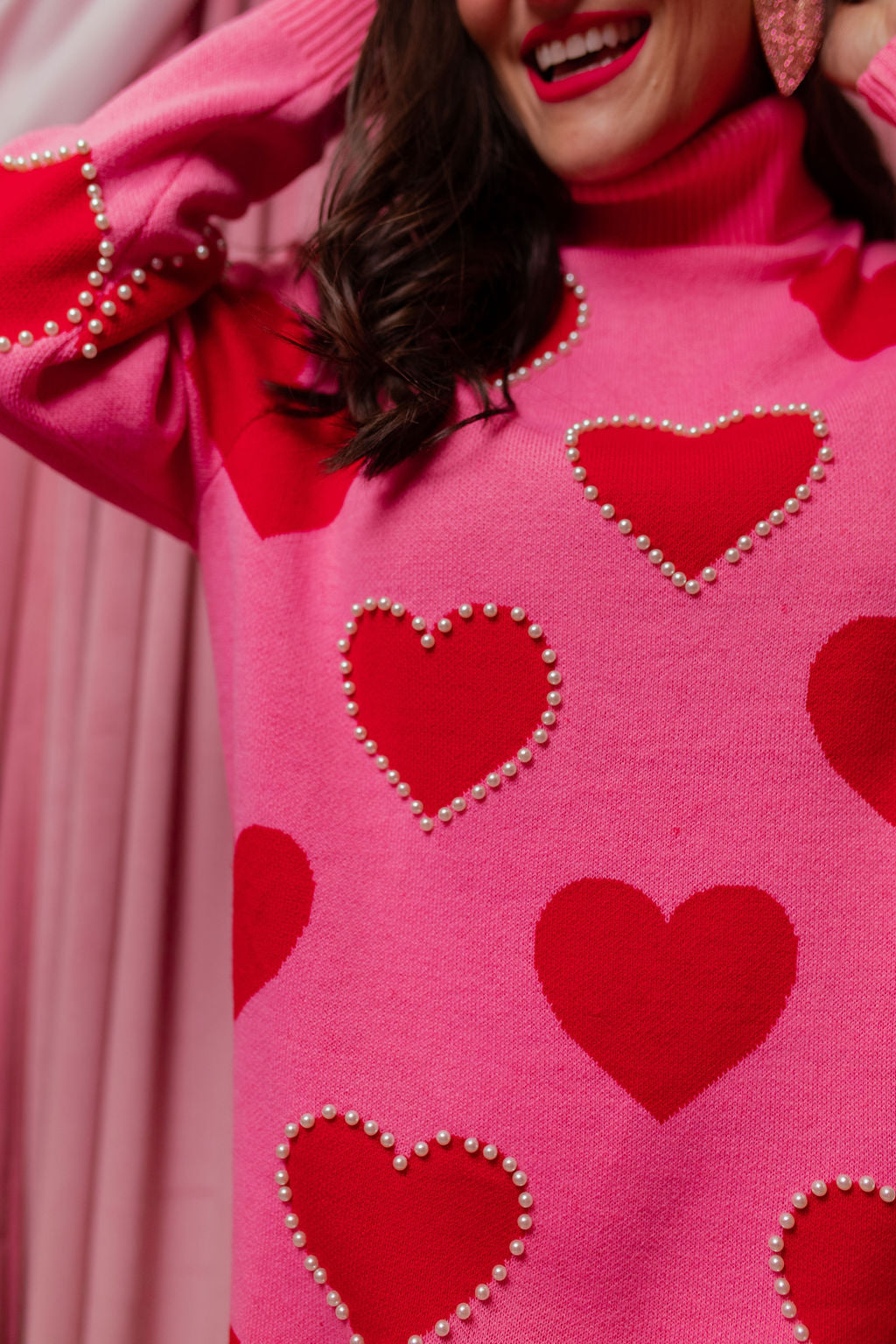 Pink Sweater Tunic with Red Hearts and Pearls