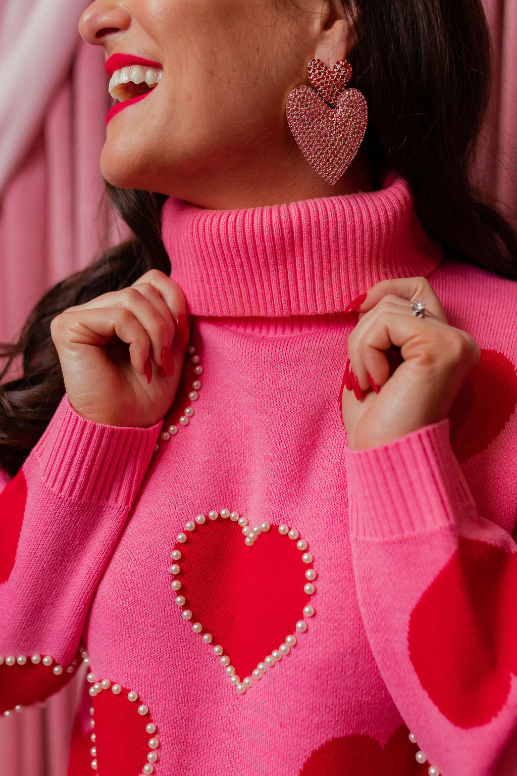 Pink Sweater Tunic with Red Hearts and Pearls