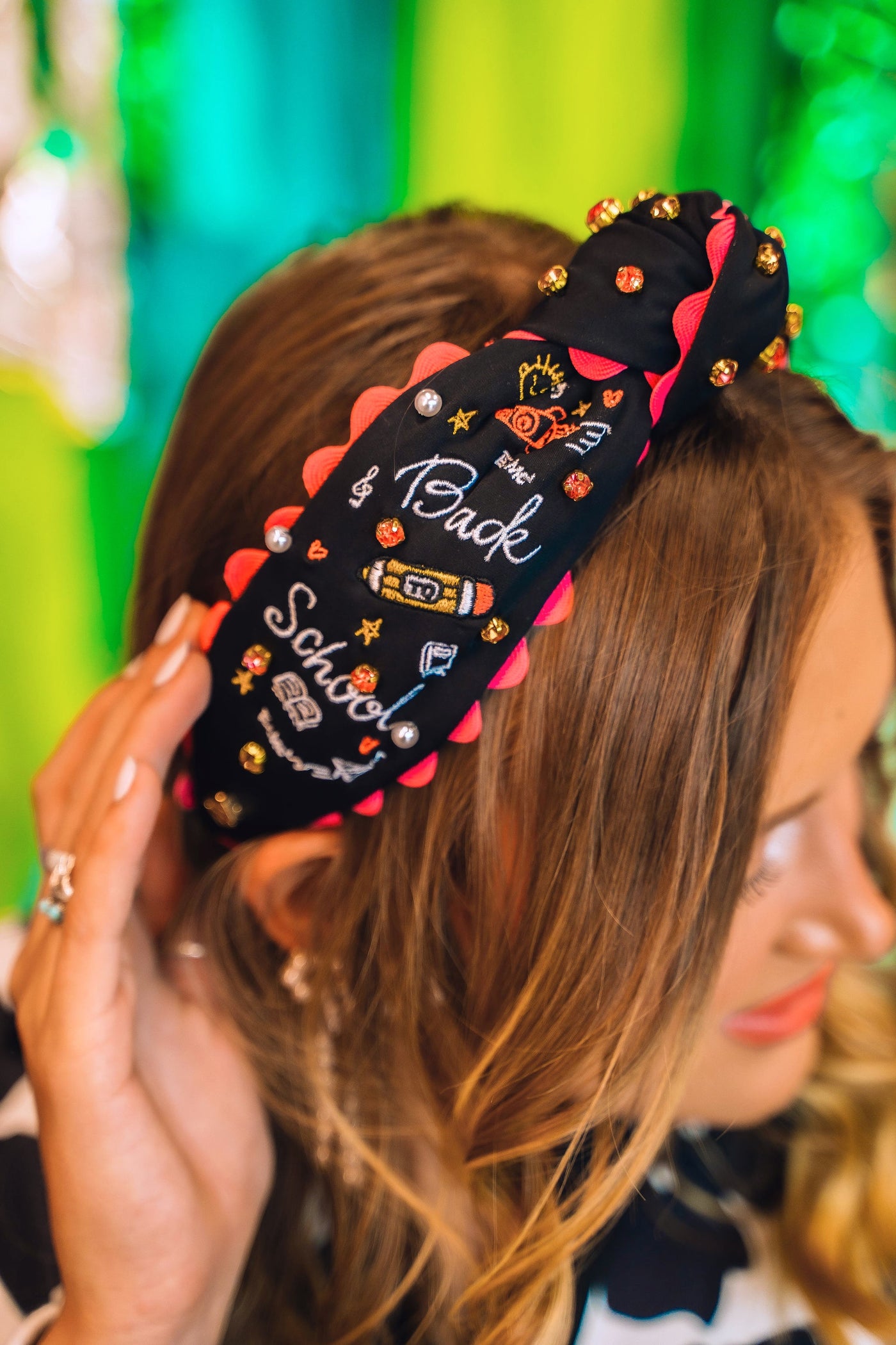 Black Embroidered Back to School Headband with Crystals