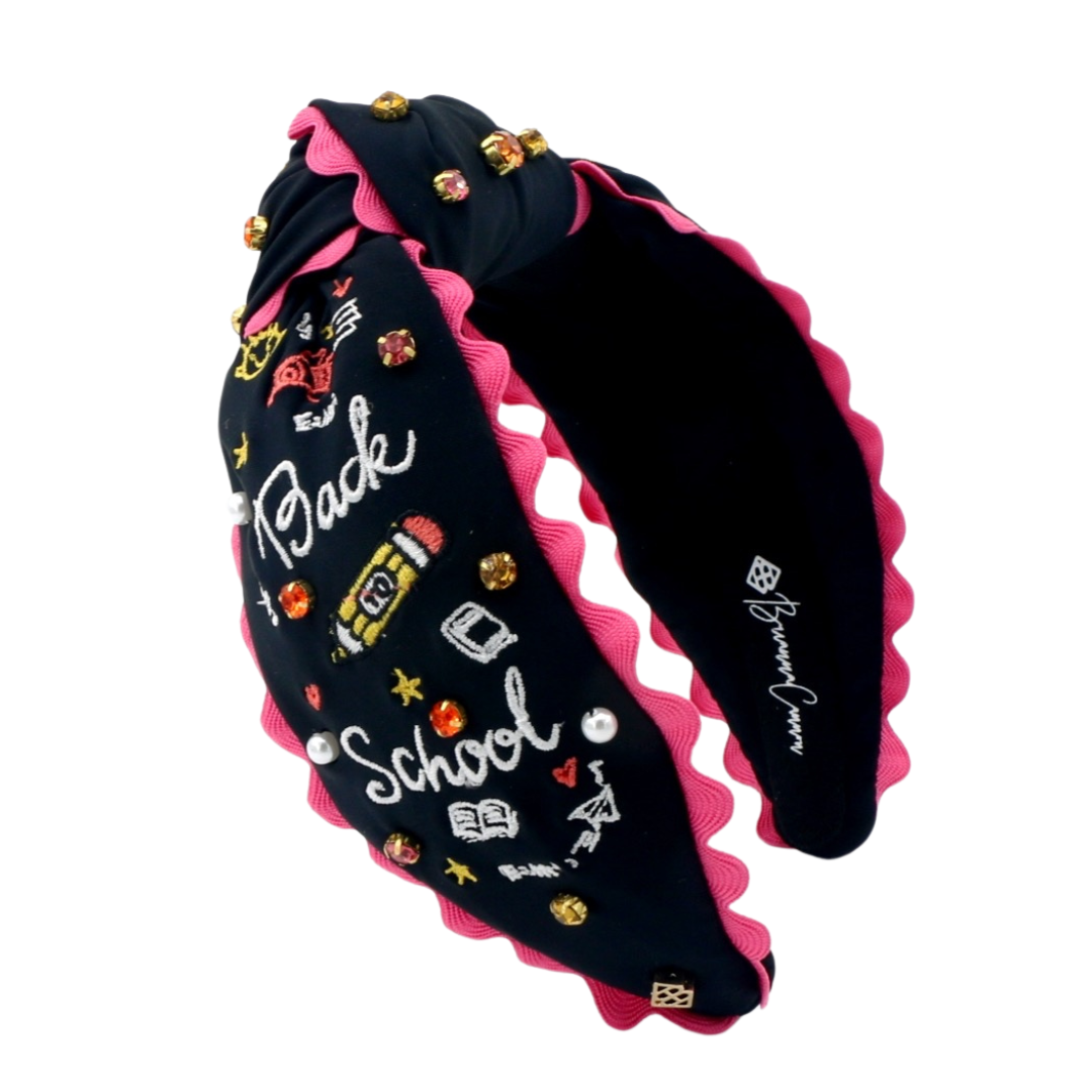 Black Embroidered Back to School Headband with Crystals