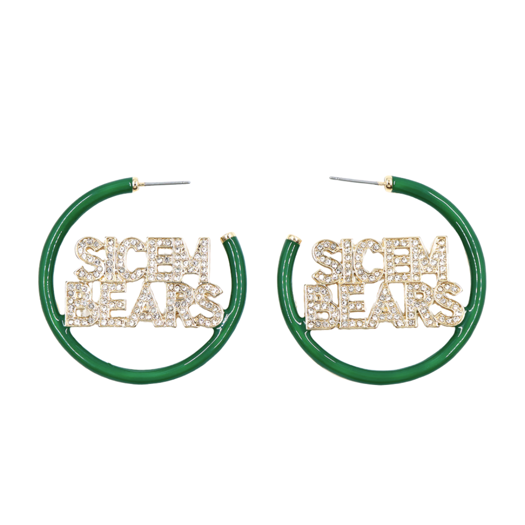 Baylor SIC'EM BEARS Green Pavé Hoop Earrings