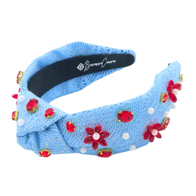 Adult Size Powder Blue Crochet Headband With Red Flowers & Pearls