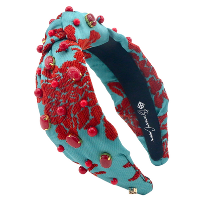 Adult Size Teal Headband With Red Floral Embroidery and Stones