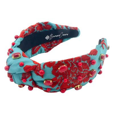 Adult Size Teal Headband With Red Floral Embroidery and Stones