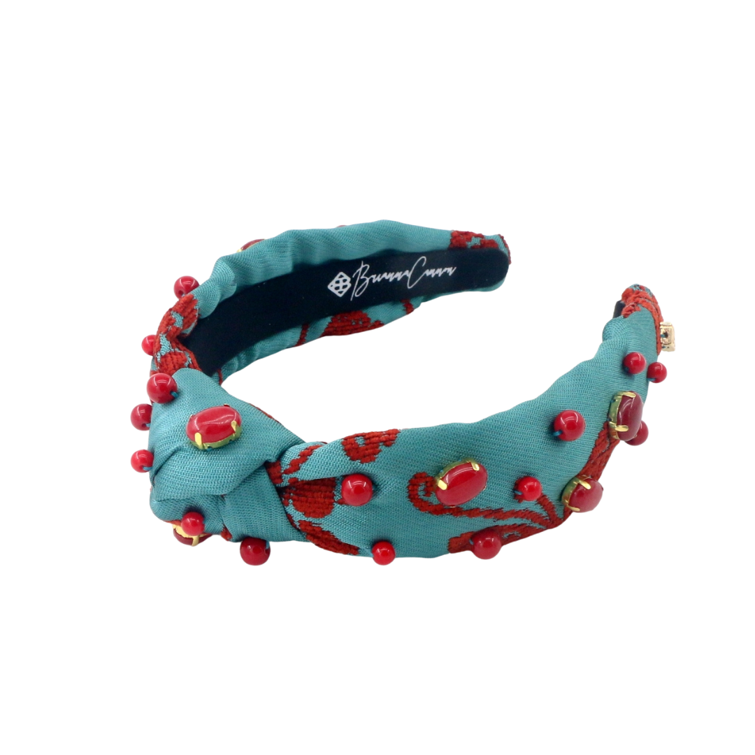 Child Size Teal Headband With Red Floral Embroidery and Stones