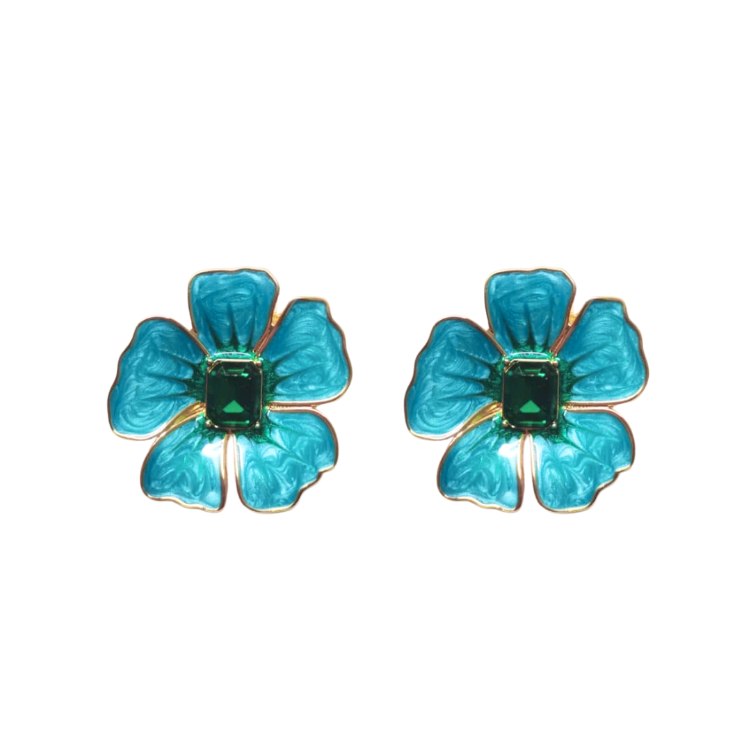 Hand Painted Blue and Green Hibiscus Earring