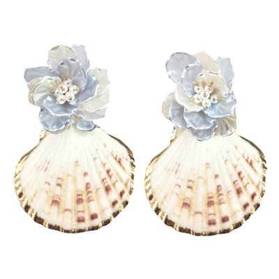 Shell Earrings with Pearly Blue Flower