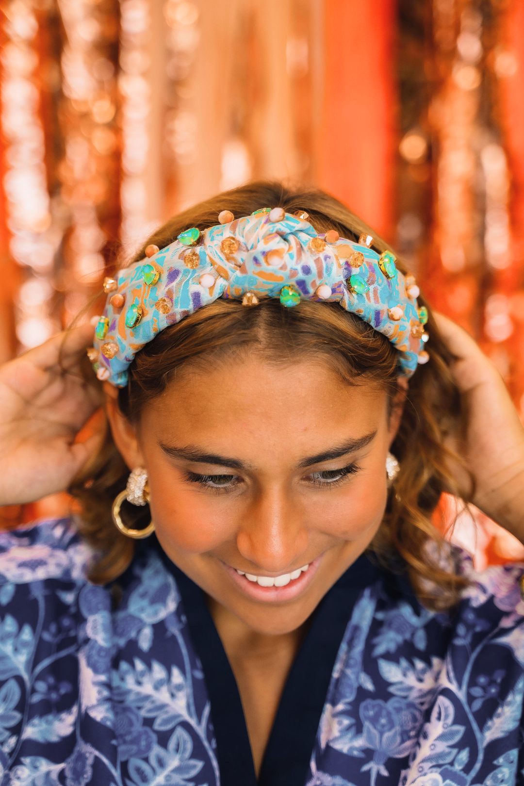 Adult Size Mosaic Headband with Blue & Orange Crystals