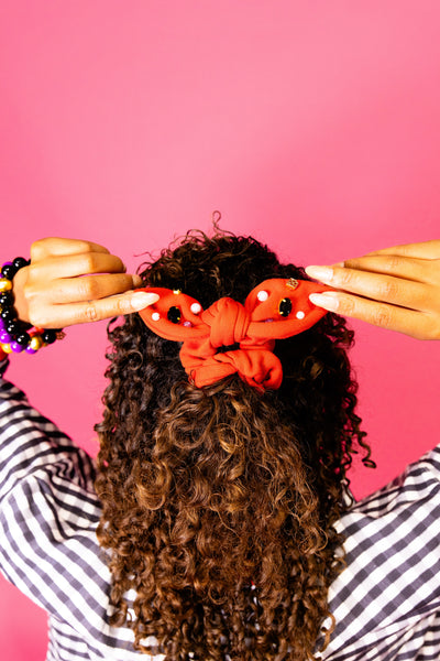 Orange Bow Scrunchie With Black Crystals