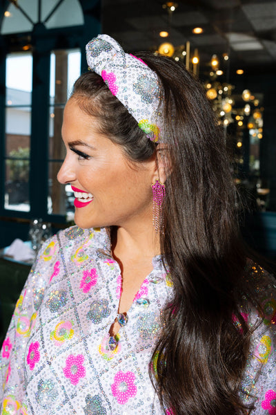 BC Caftan - Iridescent Silver Sequins with Bright Flowers