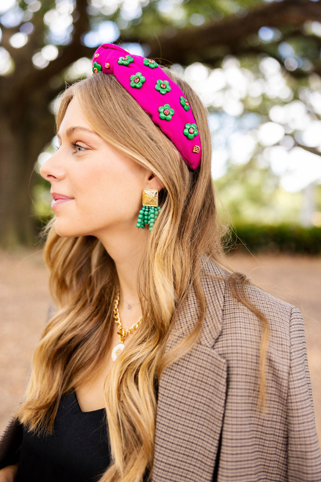 Adult Size Magenta Twill Headband with Green Flowers