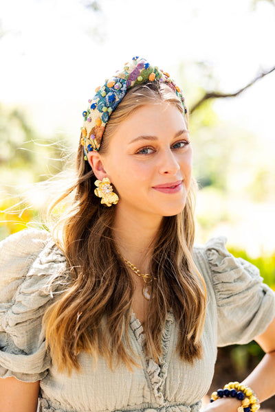 Multicolor Floral Tapestry Headband with Cabochons