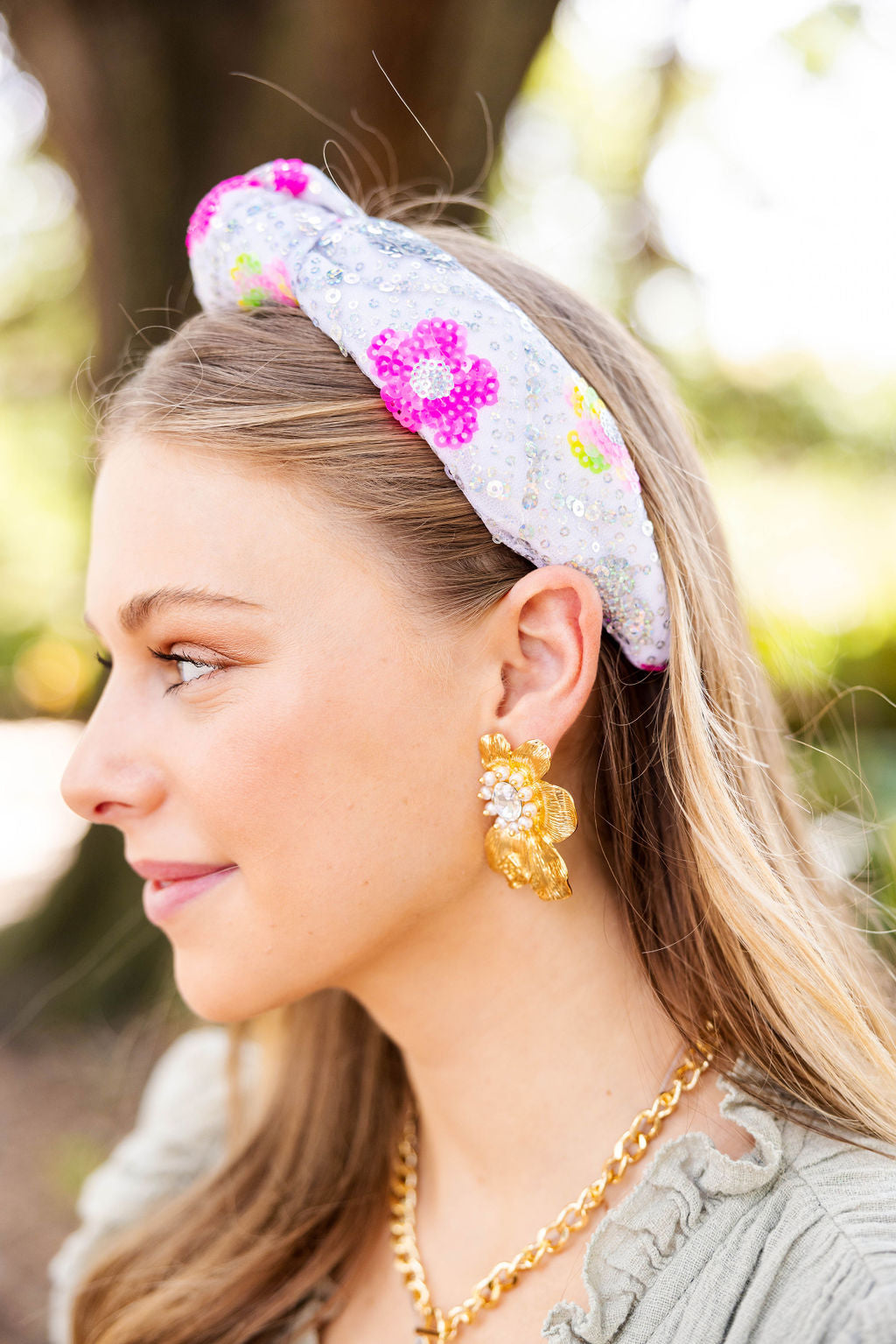 Adult Size Sequin Headband with Bright Flowers