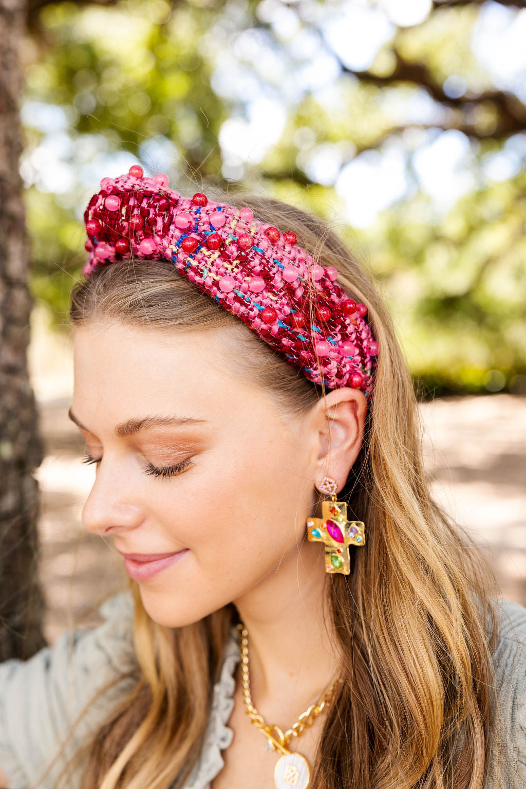 Pink & Red Tweed Headband with Beads