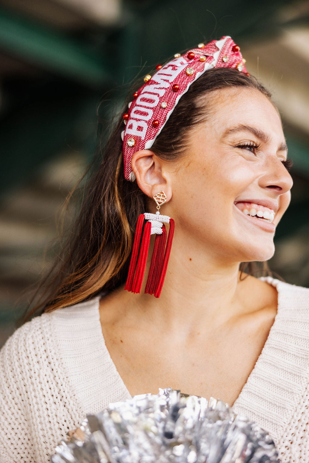 Color Block Tassel Earrings - Crimson and White