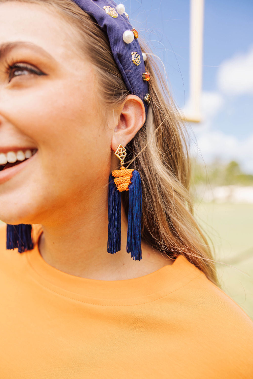 Color Block Tassel Earrings - Navy and Orange