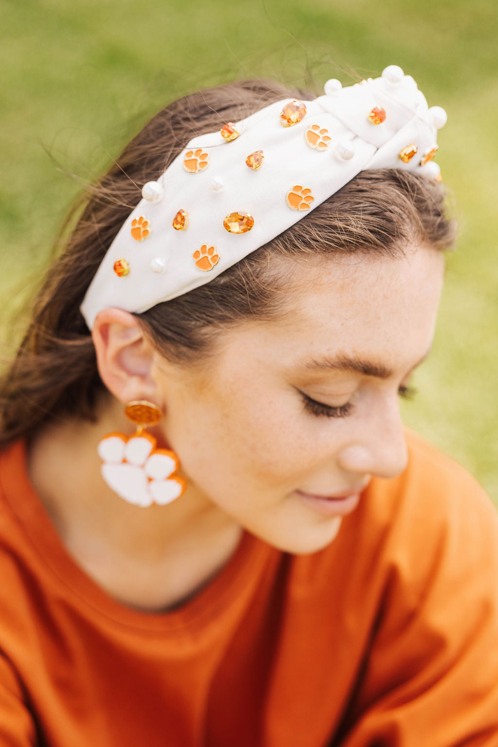 White and Orange Clemson Paw Earrings
