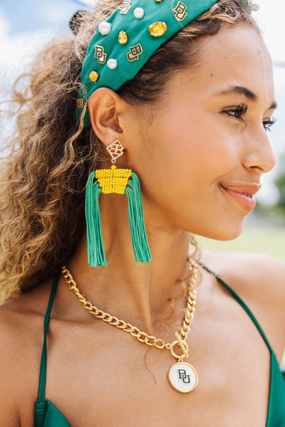 Color Block Tassel Earrings - Green and Gold