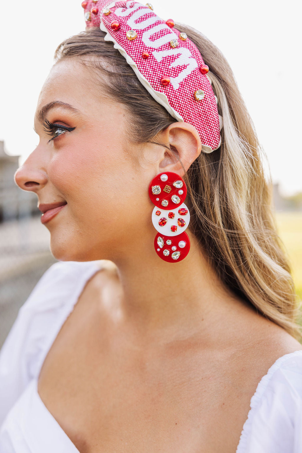 Crimson and White Triple Dot Earrings