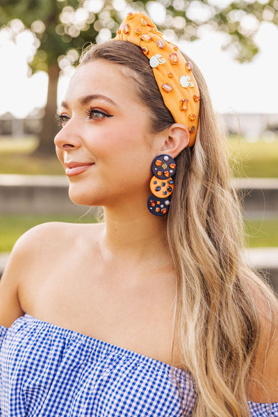 Navy Blue and Orange Triple Dot Earrings