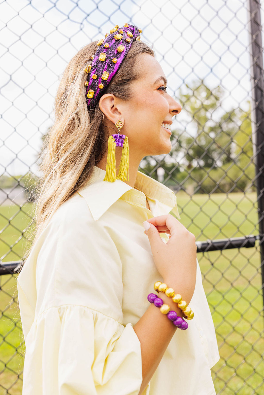 Color Block Tassel Earrings - Purple and Gold