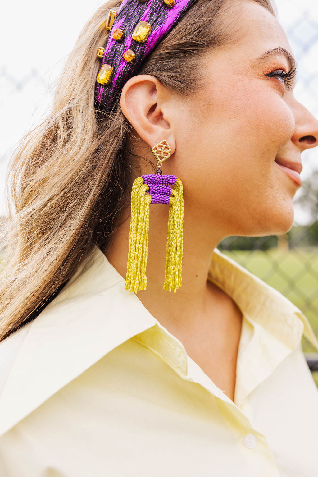 PRE-ORDER Color Block Tassel Earrings - Purple and Gold (Est Ship: 9/15)
