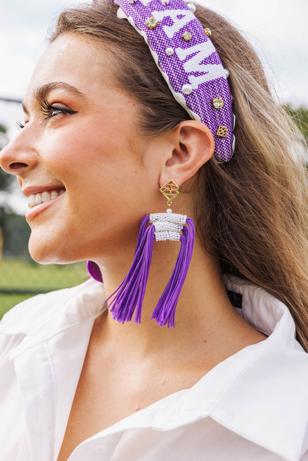 Color Block Tassel Earrings - Purple and White