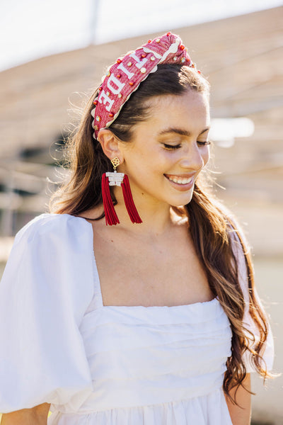 Color Block Tassel Earrings - Crimson and White