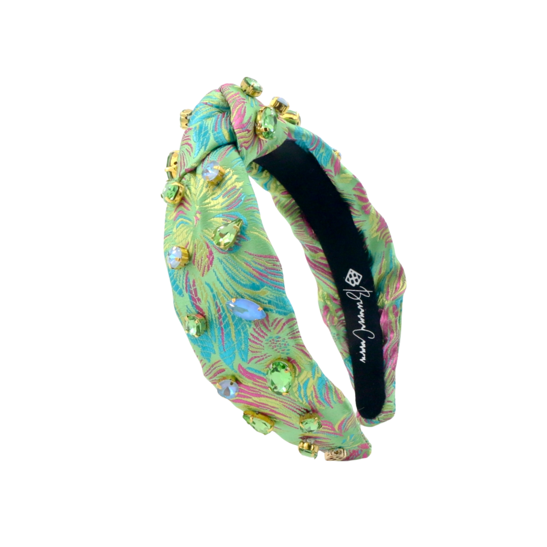 Child Size Bright Green Brocade Headband with Pink and Blue