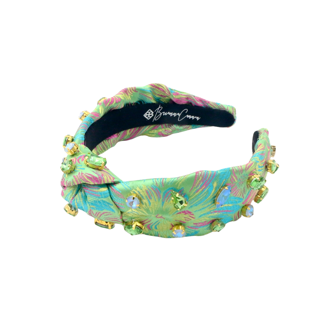 Child Size Bright Green Brocade Headband with Pink and Blue