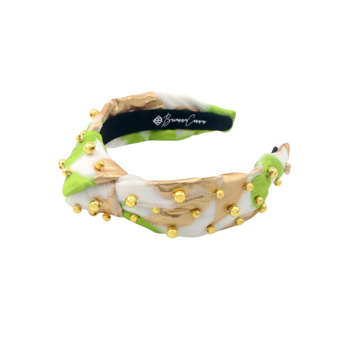Child Size Lime Green, White & Gold Headband With Gold Beads